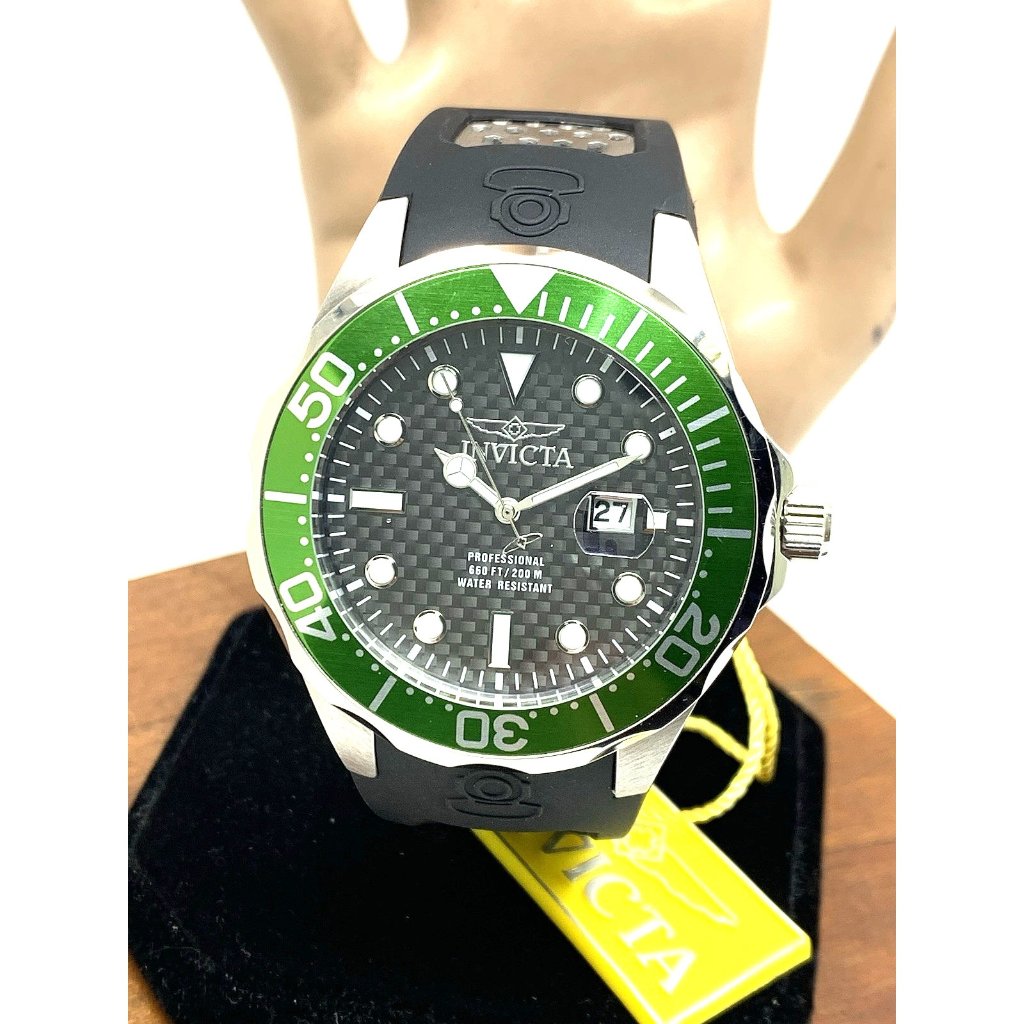 Invicta Mens Watch 12560 Pro Diver Quartz Black Dial Green Bezel Rubber Band